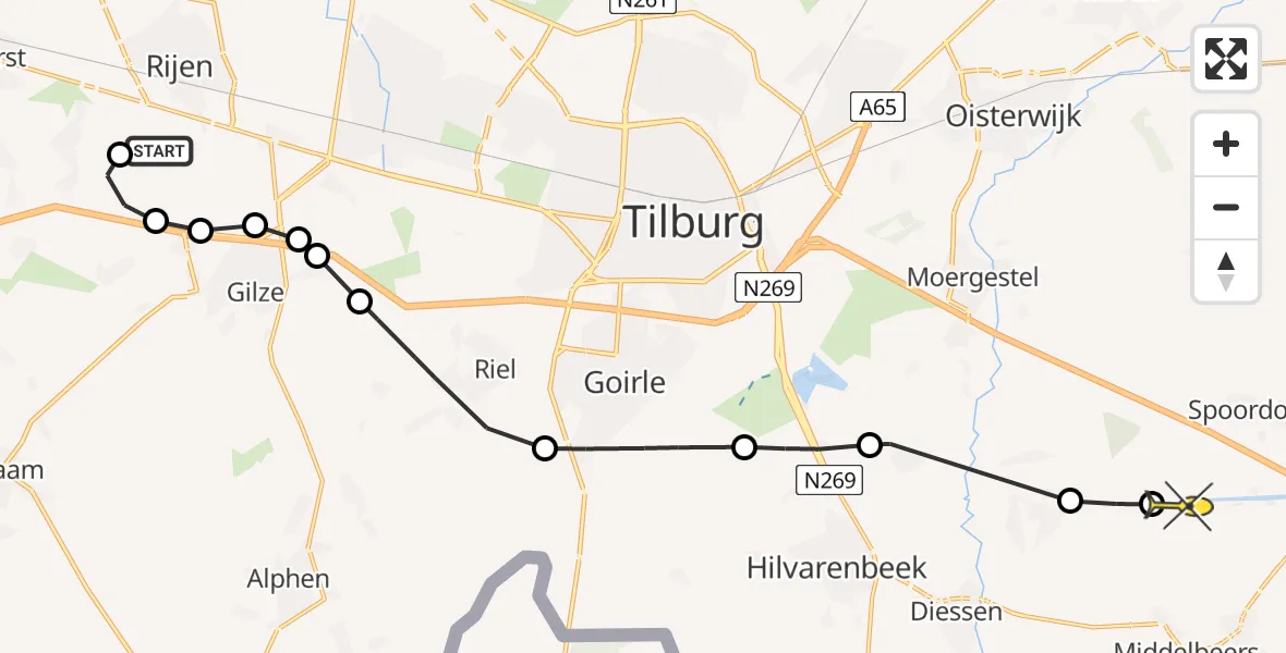 Routekaart van de vlucht: Politiehelikopter naar Oost West en Middelbeers, Broekstraat