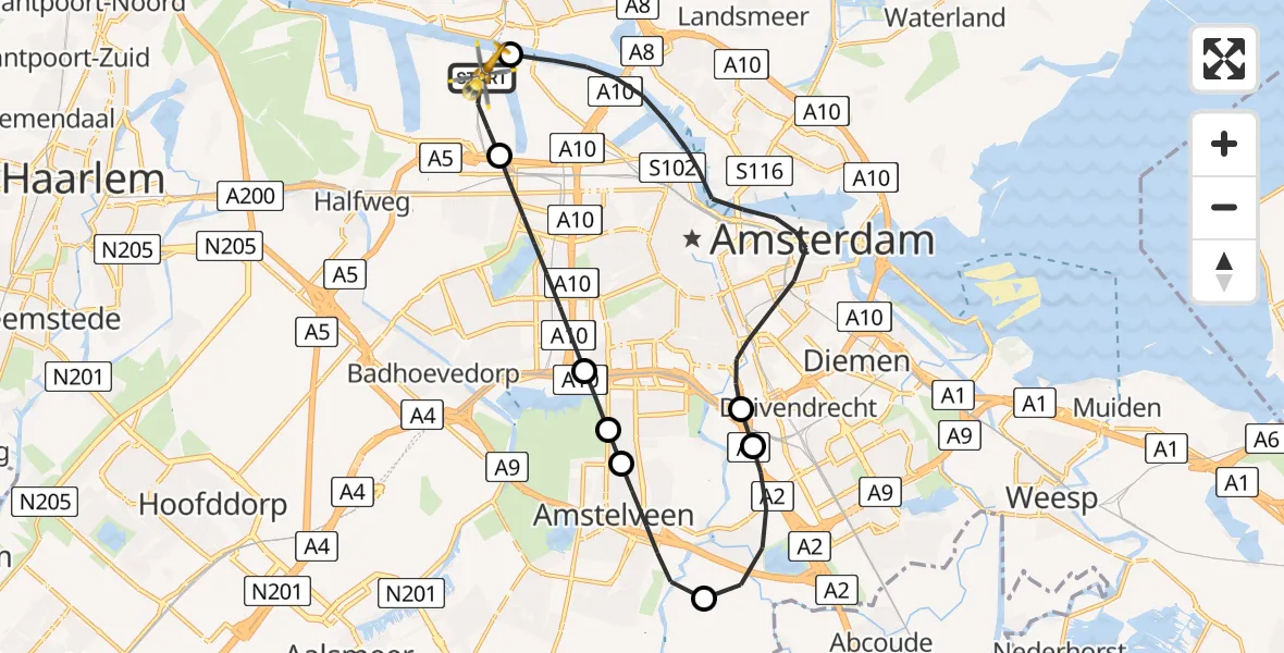 Vluchtroute Traumahelikopter van Amsterdam Heliport naar Amsterdam Heliport