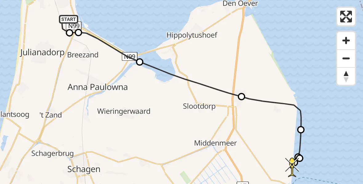 Routekaart van de vlucht: Kustwachthelikopter naar Wieringerwerf, Middenvliet