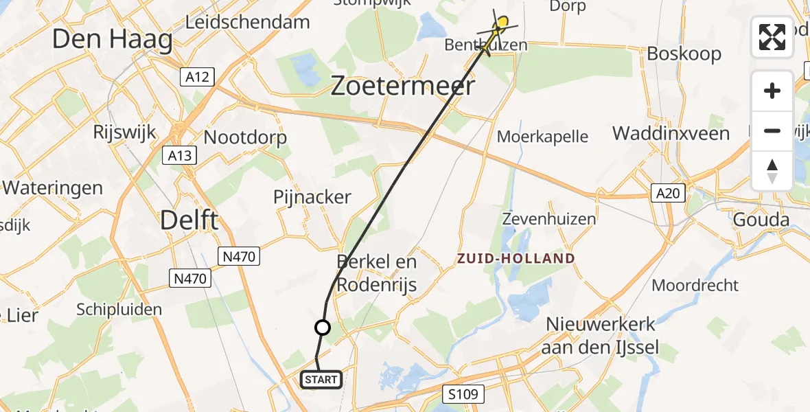 Routekaart van de vlucht: Politiehelikopter naar Benthuizen, A16 Rotterdam