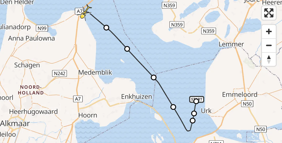 Routekaart van de vlucht: Kustwachthelikopter naar Wieringerwerf, Vaarwater langs Nieuwe Zeug