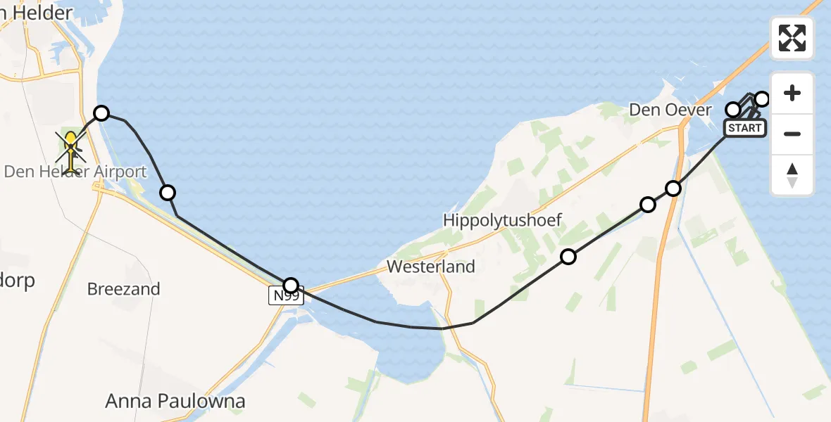 Routekaart van de vlucht: Kustwachthelikopter naar Vliegveld De Kooy, Afsluitdijk