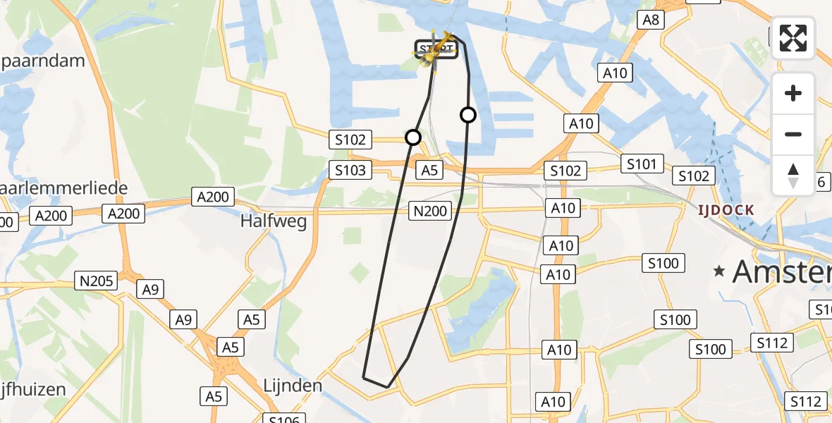 Vluchtroute Traumahelikopter van Amsterdam Heliport naar Amsterdam Heliport