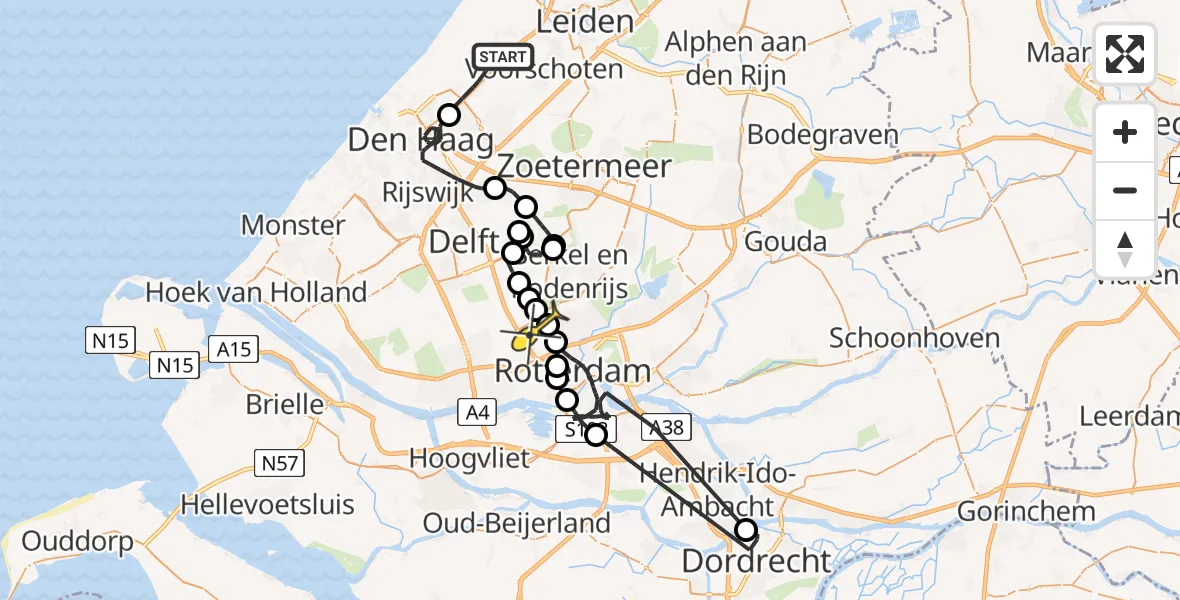 Routekaart van de vlucht: Politieheli naar Rotterdam The Hague Airport, Lange Kerkdam