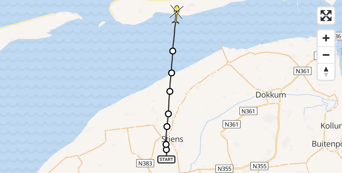 Routekaart van de vlucht: Ambulancehelikopter naar Nes, Nijlânsdyk