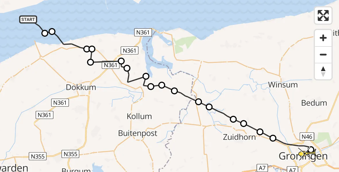 Routekaart van de vlucht: Ambulancehelikopter naar Universitair Medisch Centrum Groningen, Petrus Campersingel