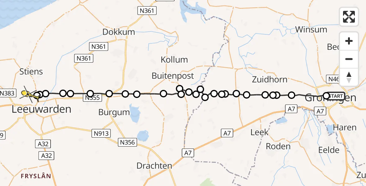Routekaart van de vlucht: Ambulanceheli naar Vliegbasis Leeuwarden, Grote Leliestraat