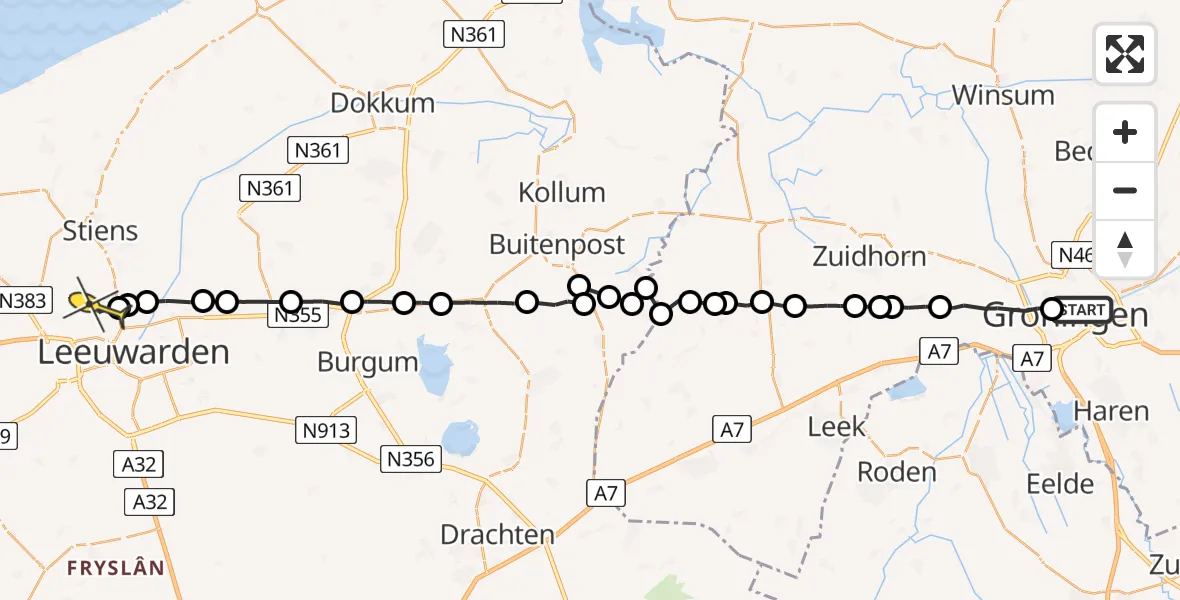 Vluchtroute Ambulancehelikopter van Universitair Medisch Centrum Groningen naar Vliegbasis Leeuwarden