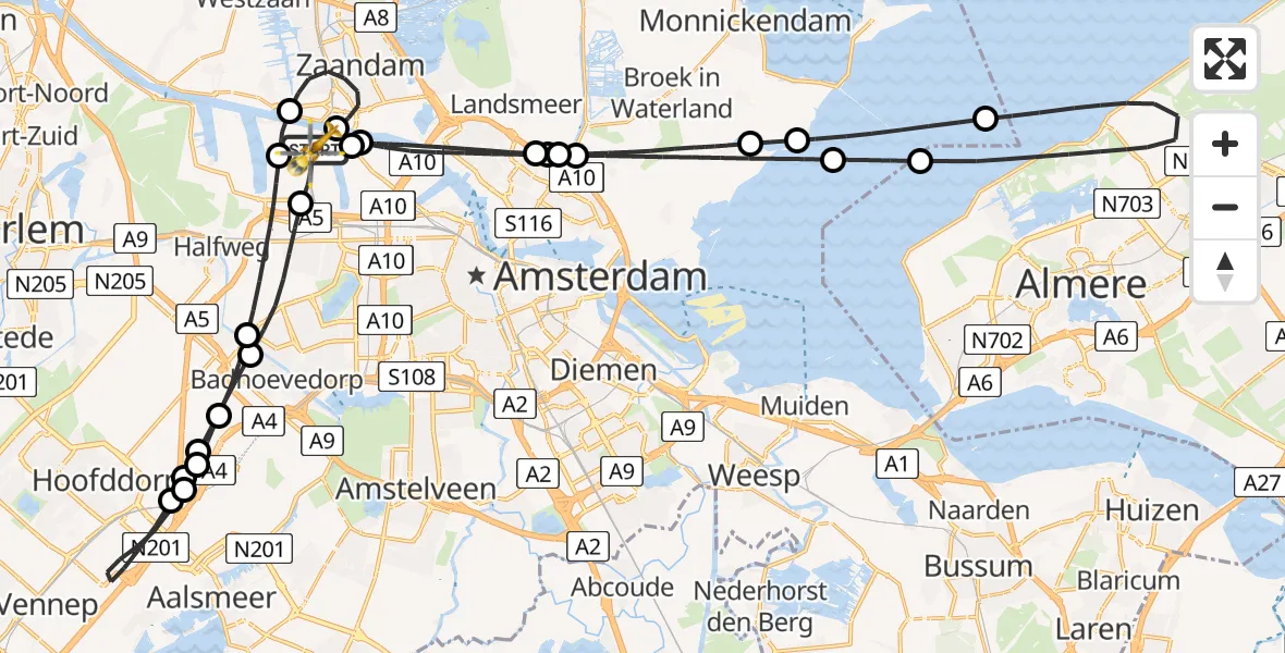 Vluchtroute Traumahelikopter van Amsterdam Heliport naar Amsterdam Heliport