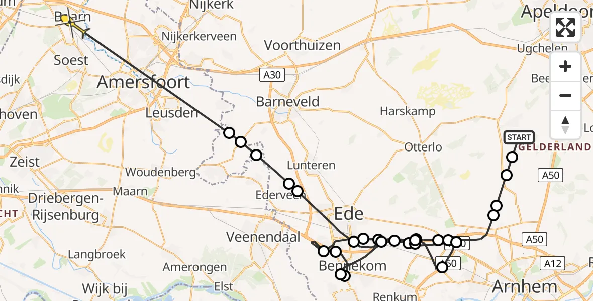 Routekaart van de vlucht: Politieheli naar Baarn, van Beeksweg