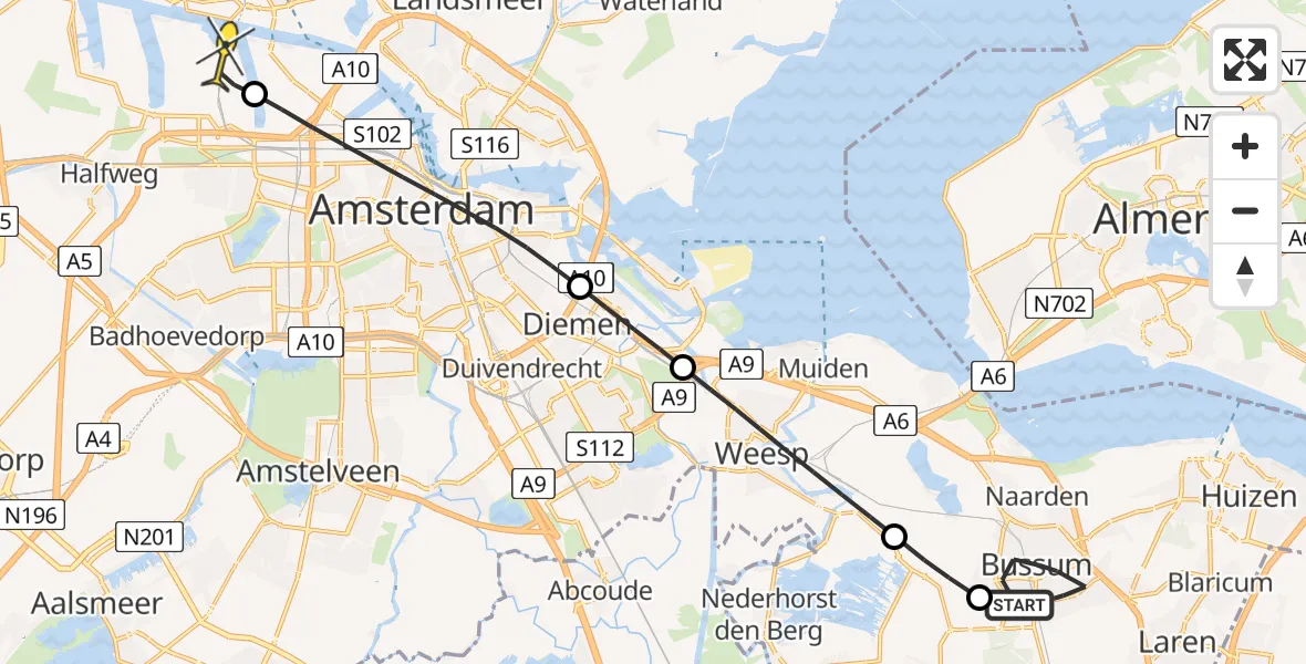 Routekaart van de vlucht: Lifeliner 1 naar Amsterdam Heliport, Meentweg
