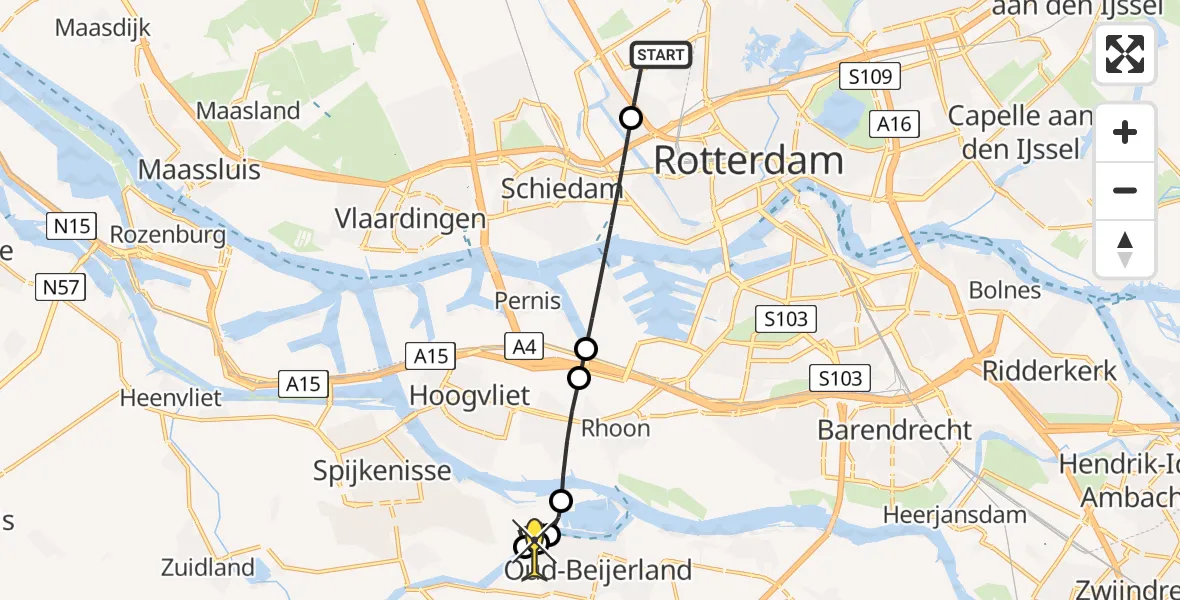 Routekaart van de vlucht: Lifeliner 2 naar Oud-Beijerland, Peelpad