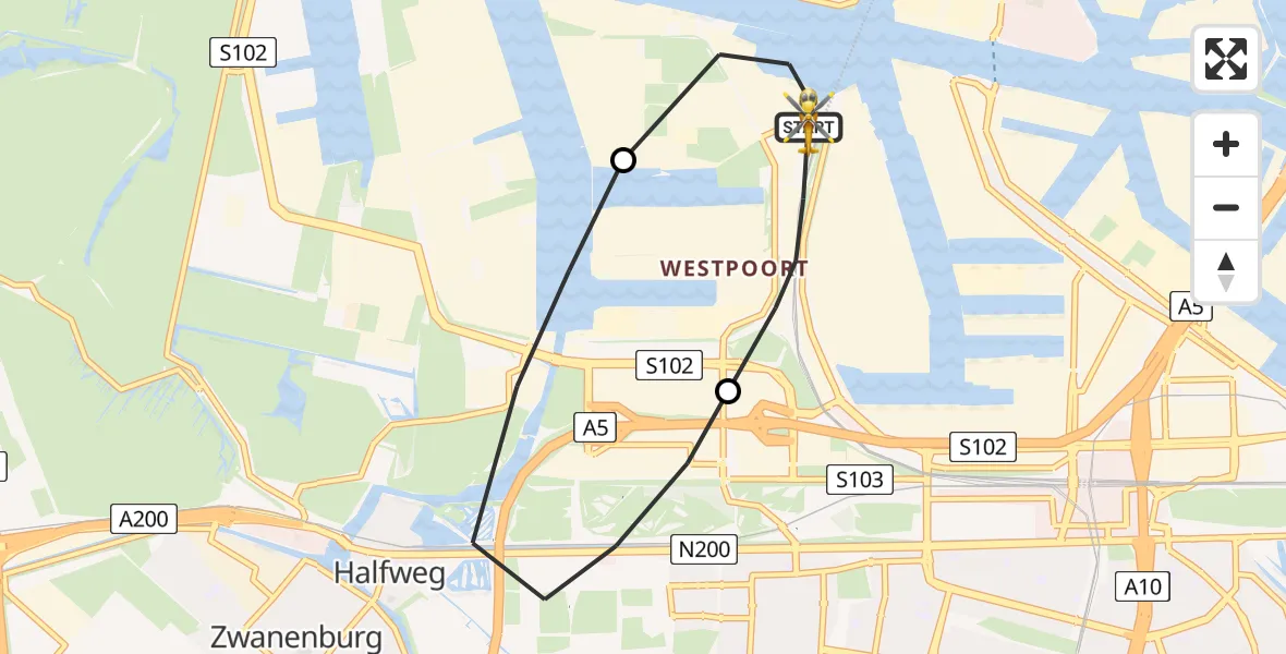 Vluchtroute Traumahelikopter van Amsterdam Heliport naar Amsterdam Heliport