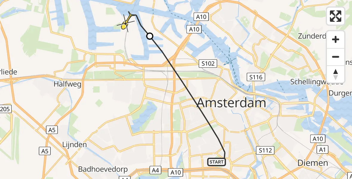 Routekaart van de vlucht: Lifeliner 1 naar Amsterdam Heliport, Churchill-laan