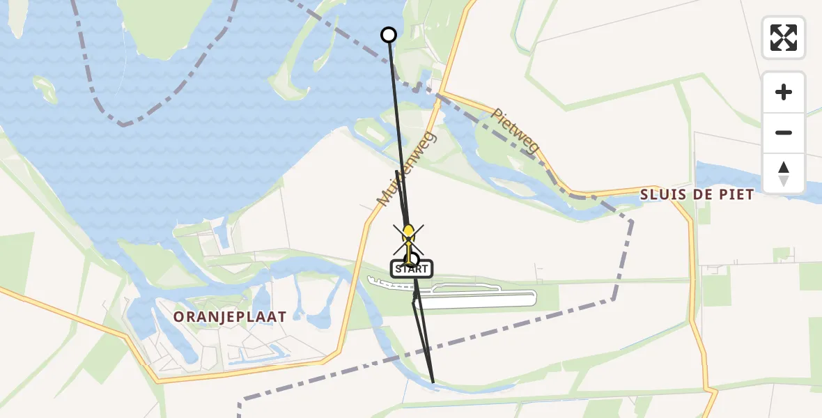 Routekaart van de vlucht: Kustwachthelikopter naar Vliegveld Midden-Zeeland, Calandweg