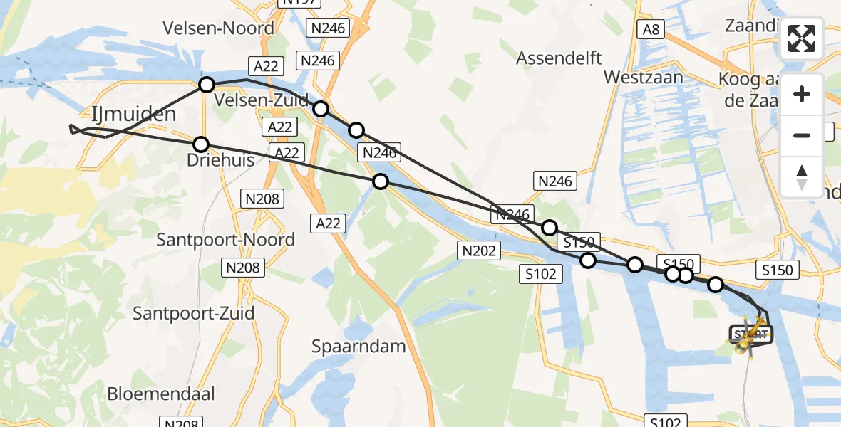 Vluchtroute Traumahelikopter van Amsterdam Heliport naar Amsterdam Heliport