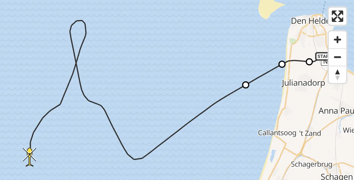 Routekaart van de vlucht: Kustwachthelikopter naar Middenvliet