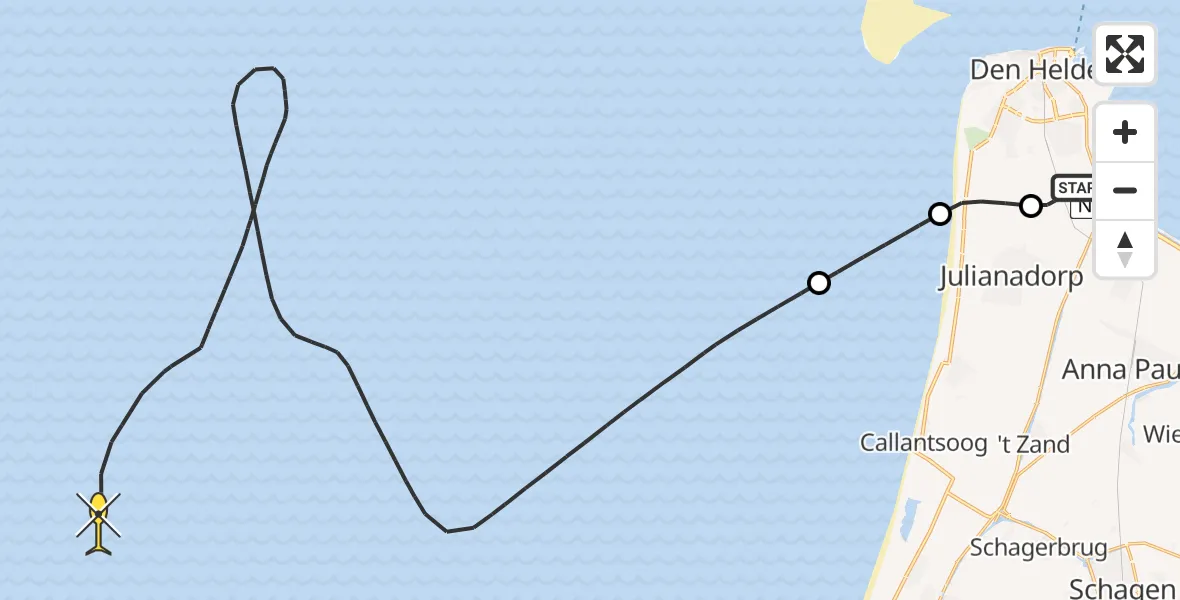 Vluchtroute Kustwachthelikopter van Vliegveld De Kooy naar 