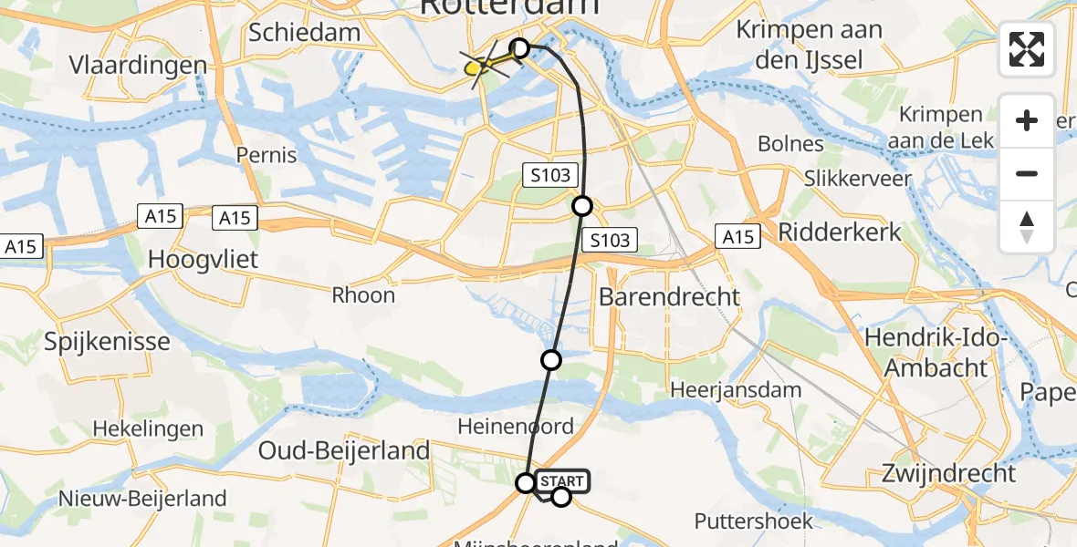 Routekaart van de vlucht: Lifeliner 2 naar Erasmus MC, Westzeedijk