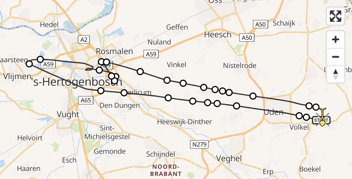 Routekaart van de vlucht: Politieheli naar Vliegbasis Volkel, Kromstraat