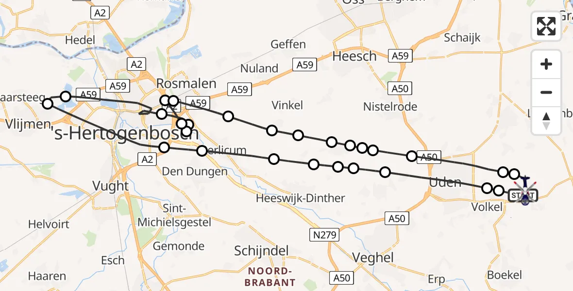 Vluchtroute Politiehelikopter van Vliegbasis Volkel naar Vliegbasis Volkel