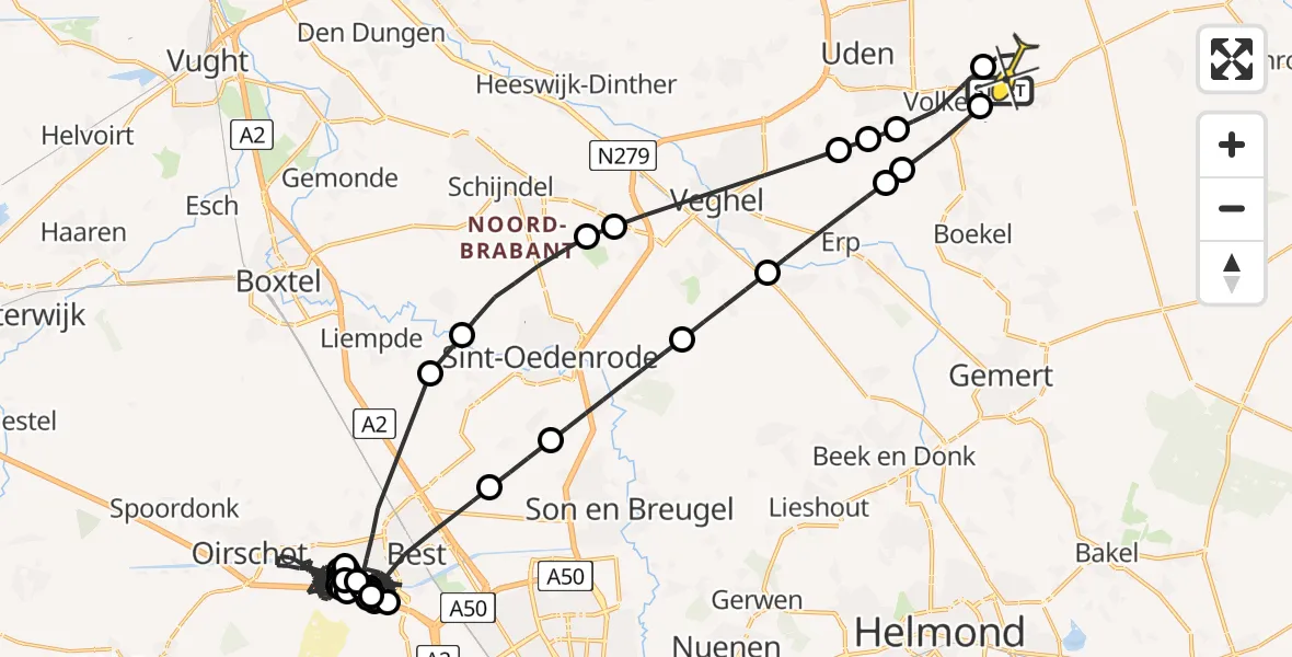 Routekaart van de vlucht: Politieheli naar Vliegbasis Volkel, Zeelandsedijk