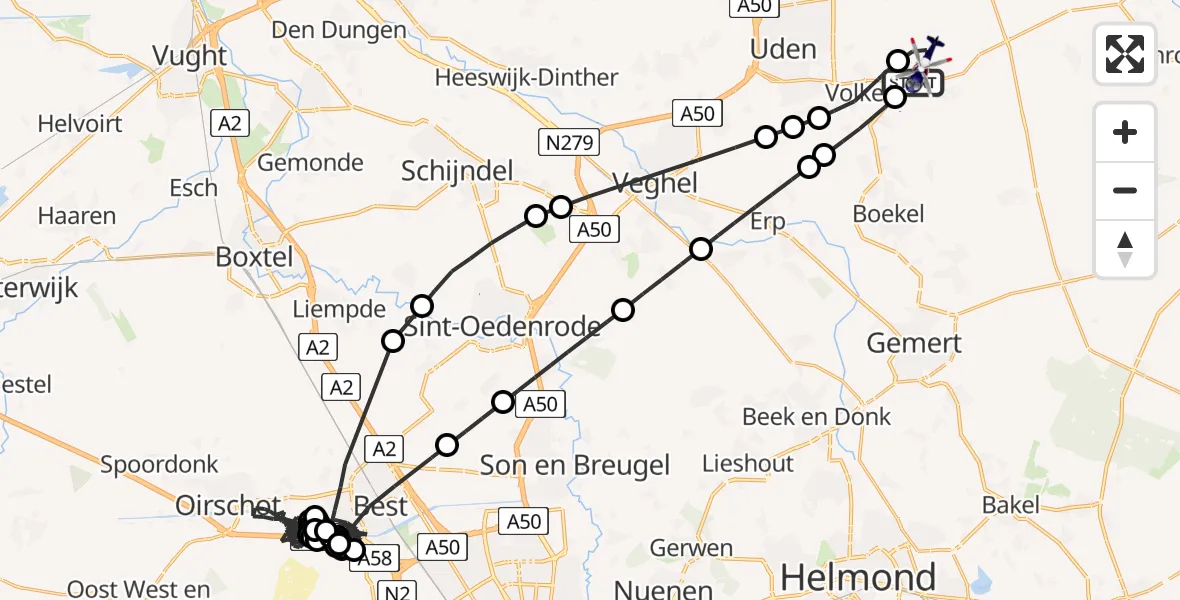 Vluchtroute Politiehelikopter van Vliegbasis Volkel naar Vliegbasis Volkel