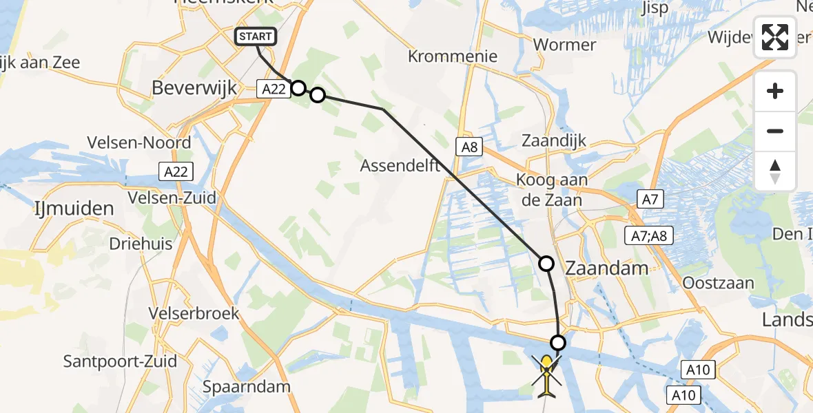 Routekaart van de vlucht: Lifeliner 1 naar Amsterdam Heliport, Schrijverskwartier