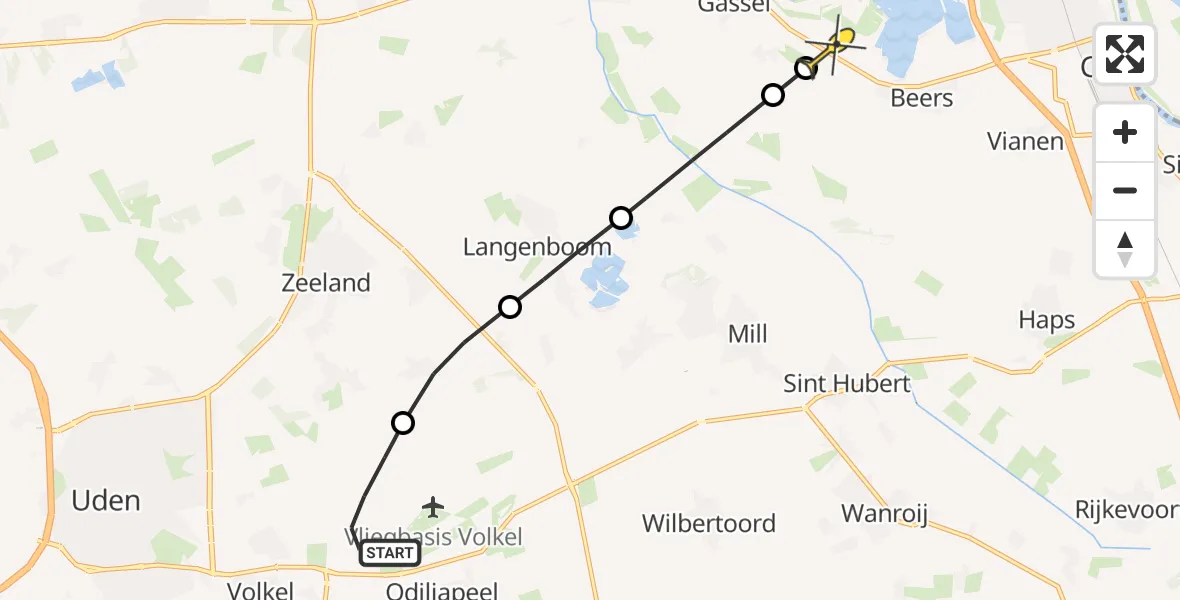 Routekaart van de vlucht: Politieheli naar Beers NB, Zeelandsedijk