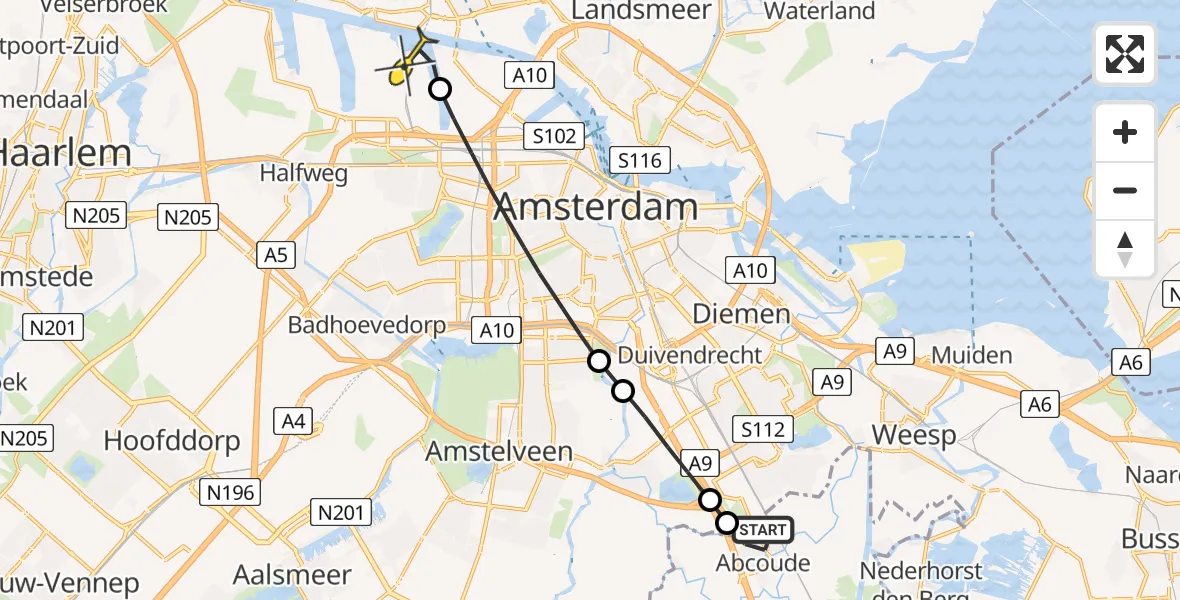 Routekaart van de vlucht: Lifeliner 1 naar Amsterdam Heliport, Zorgvrij