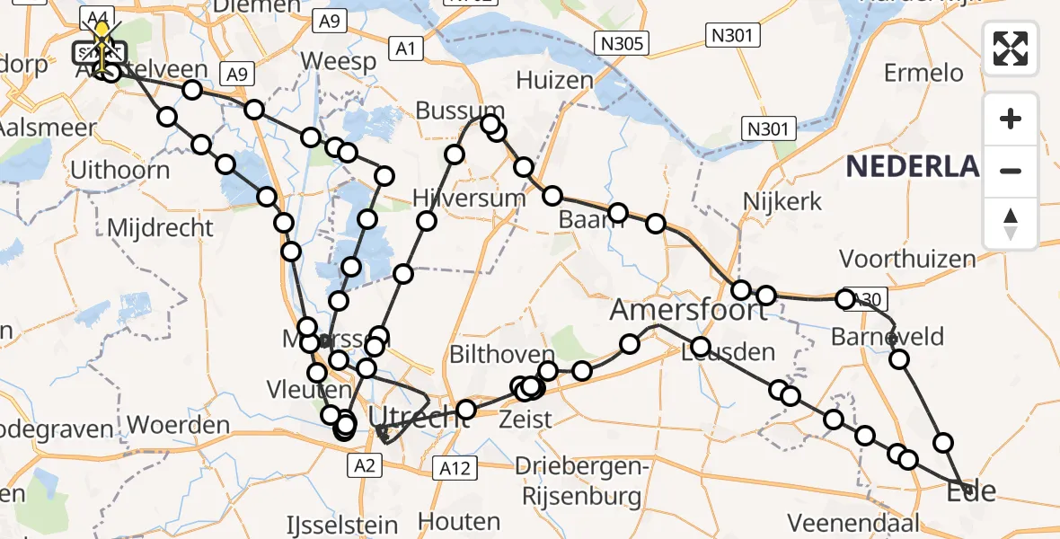 Routekaart van de vlucht: Politieheli naar Schiphol, Amsterdam-Bataviaweg