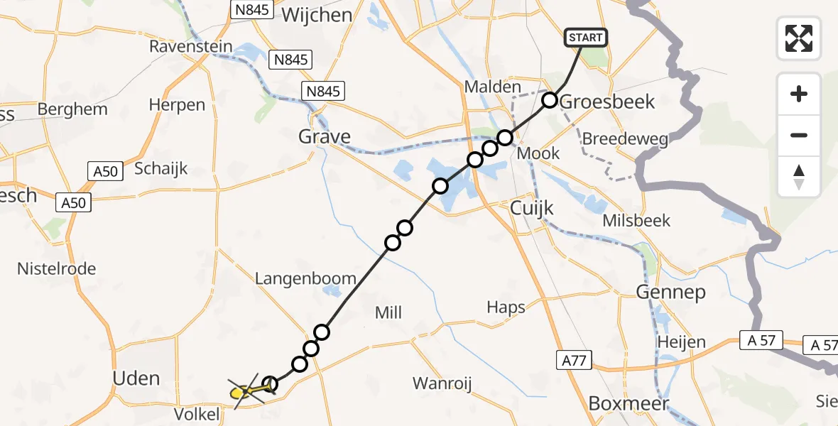 Routekaart van de vlucht: Politieheli naar Vliegbasis Volkel, Maldensebaan