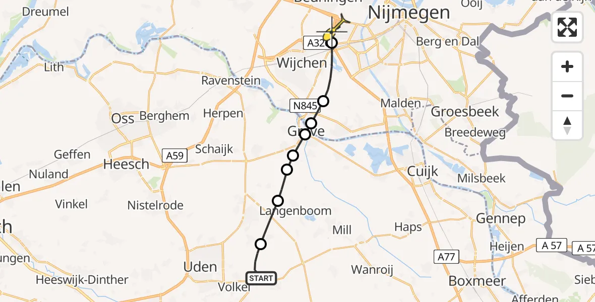 Routekaart van de vlucht: Lifeliner 3 naar Nijmegen, Zeelandsedijk