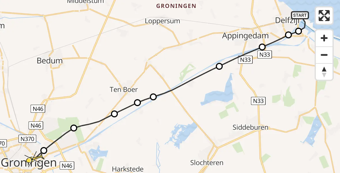 Routekaart van de vlucht: Lifeliner 4 naar Universitair Medisch Centrum Groningen, Dock 1