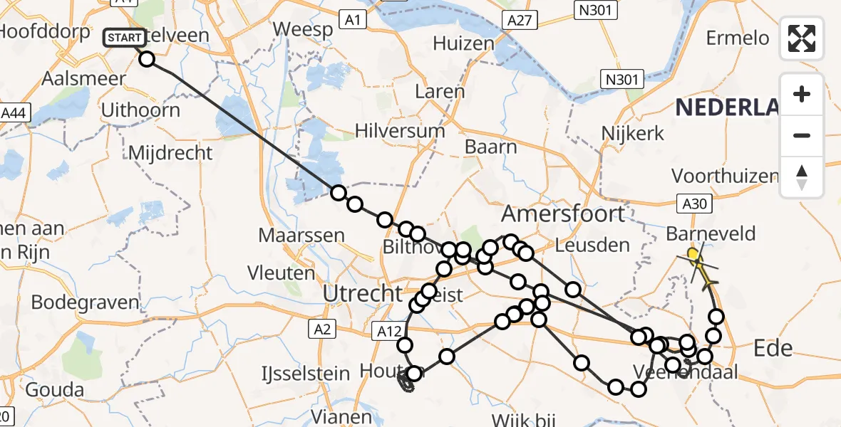 Routekaart van de vlucht: Politieheli naar Lunteren, Schinkeldijkje