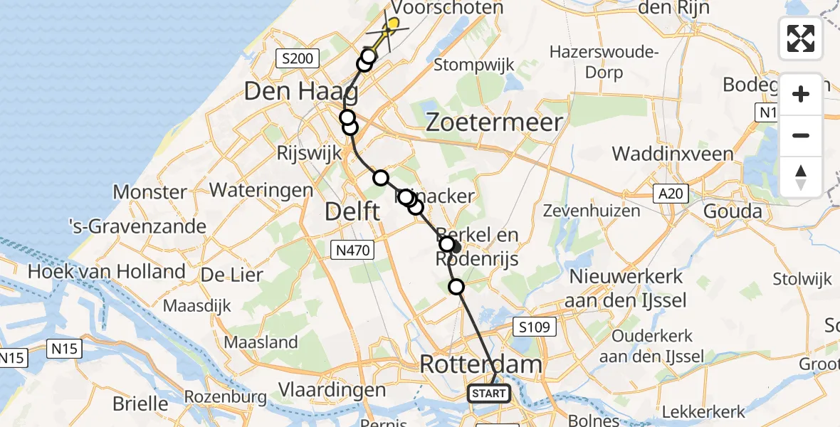 Routekaart van de vlucht: Politiehelikopter naar Wassenaar, Oost-Wijnstraat