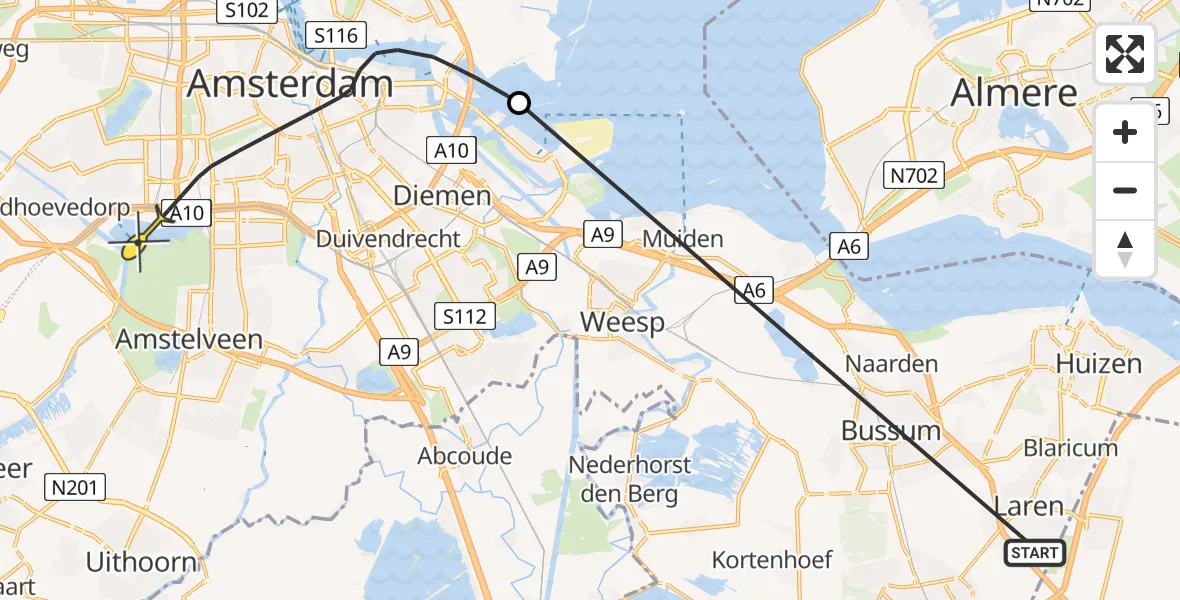 Routekaart van de vlucht: Politiehelikopter naar Amsterdam, Pampus
