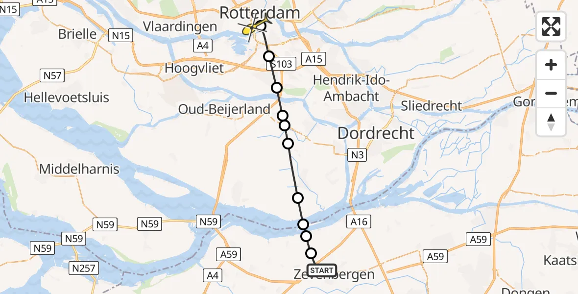 Routekaart van de vlucht: Lifeliner 3 naar Erasmus MC, Uilendijk