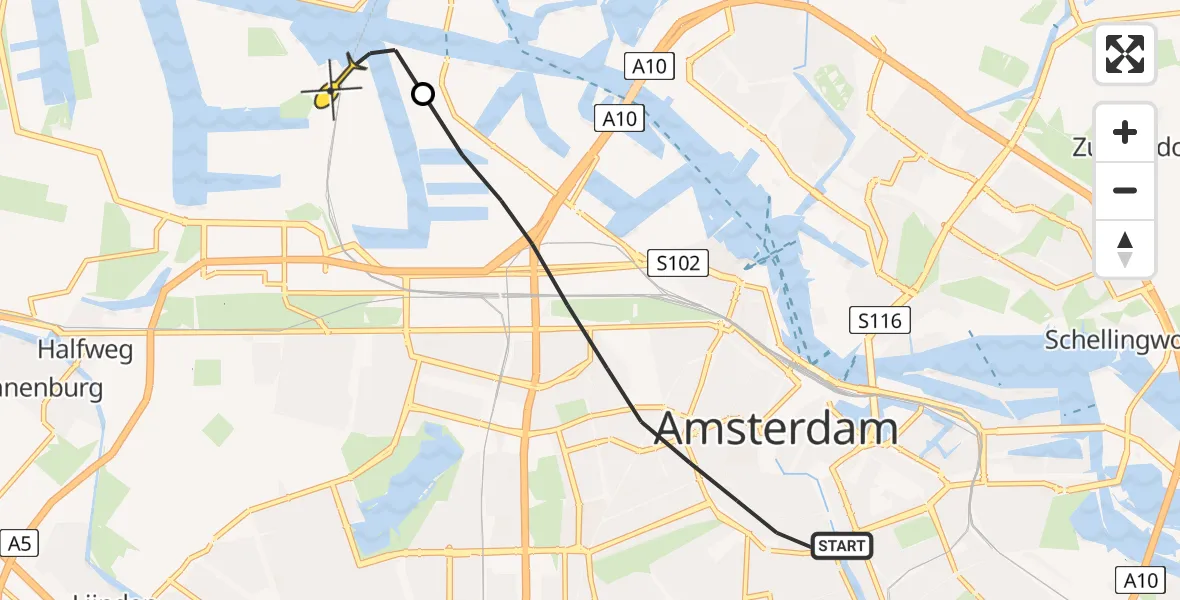 Routekaart van de vlucht: Lifeliner 1 naar Amsterdam Heliport, Lange Leidsedwarsstraat