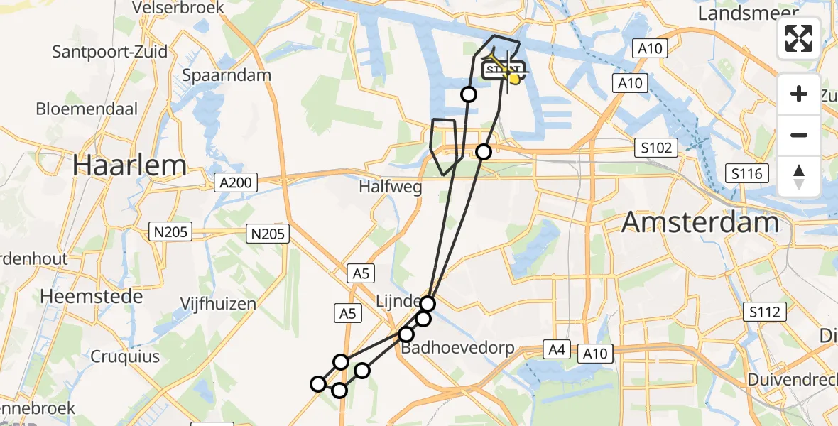 Routekaart van de vlucht: Lifeliner 1 naar Amsterdam Heliport, Nieuw-Zeelandweg