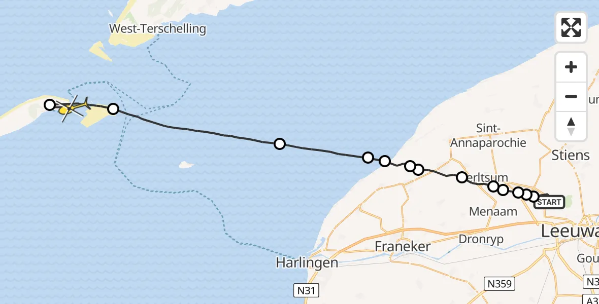 Routekaart van de vlucht: Ambulanceheli naar Vlieland Heliport, Harnedyk