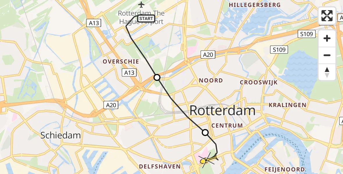 Routekaart van de vlucht: Lifeliner 2 naar Erasmus MC, Schipholstraat