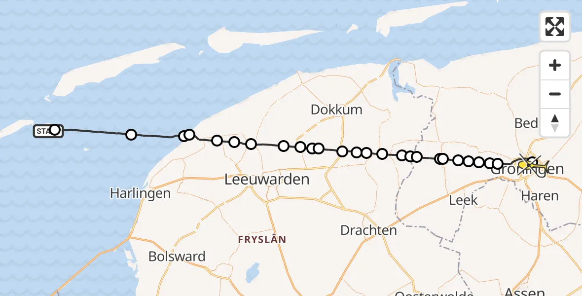 Routekaart van de vlucht: Ambulancehelikopter naar Universitair Medisch Centrum Groningen, Fransche Gaatje