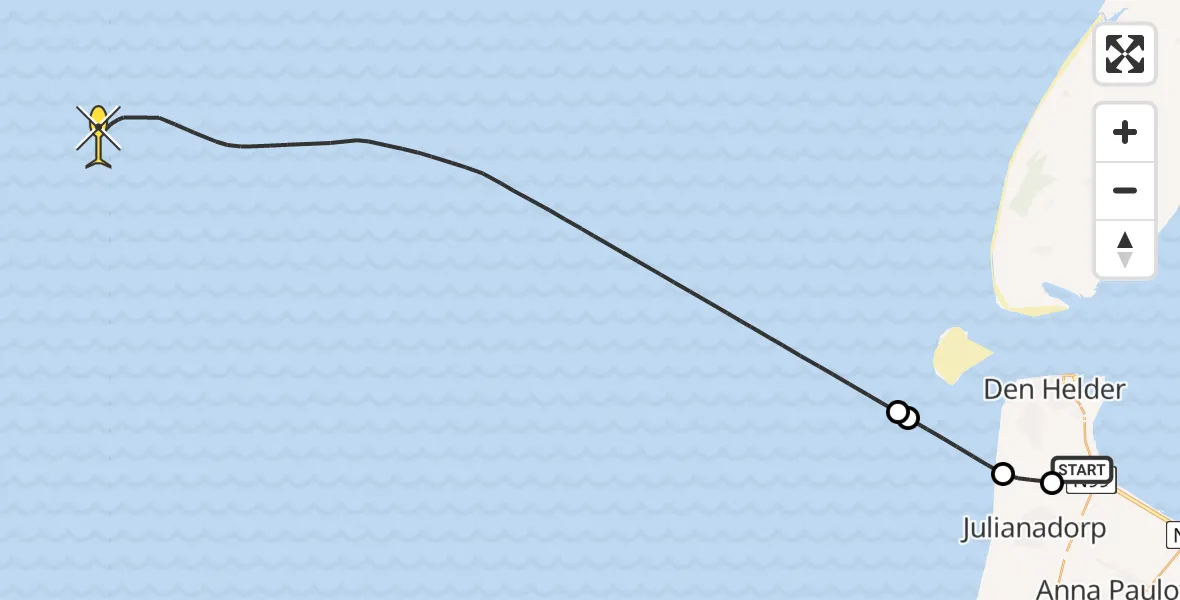Routekaart van de vlucht: Kustwachthelikopter naar Middenvliet