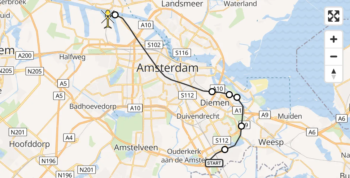 Routekaart van de vlucht: Lifeliner 1 naar Amsterdam Heliport, Opheusdenhof