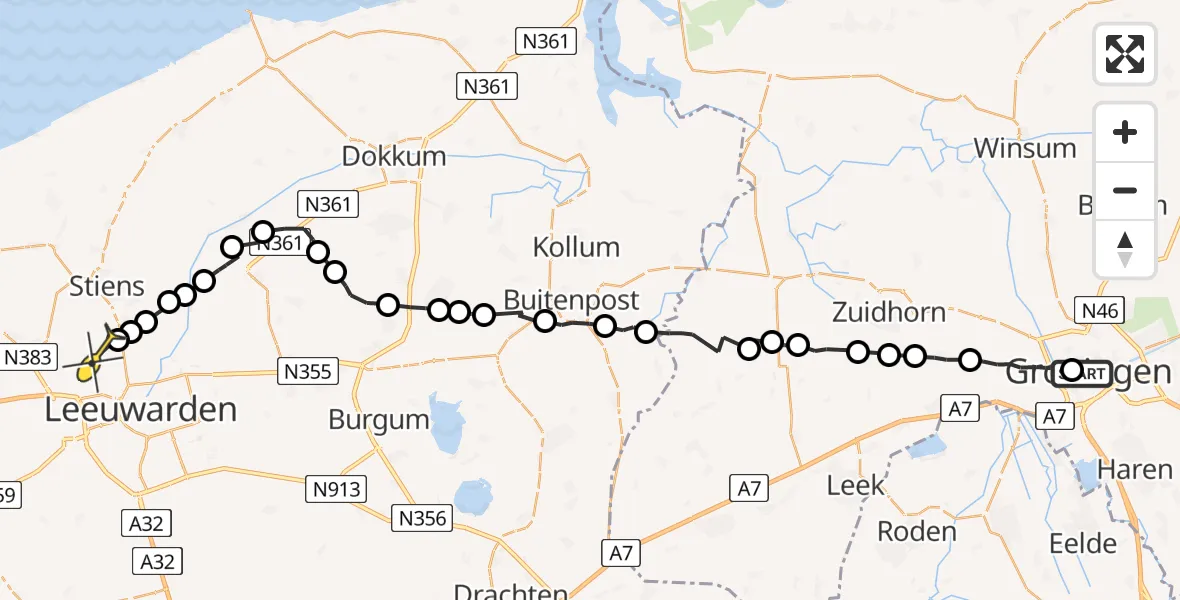 Routekaart van de vlucht: Ambulanceheli naar Vliegbasis Leeuwarden, Adelheidstraat