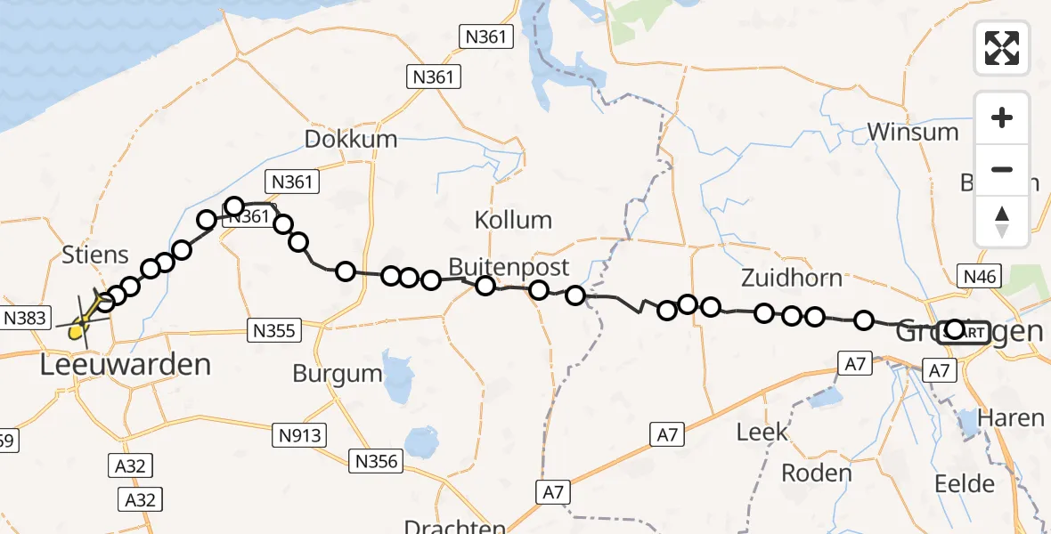 Vluchtroute Ambulancehelikopter van Universitair Medisch Centrum Groningen naar Vliegbasis Leeuwarden