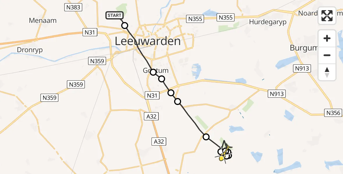 Routekaart van de vlucht: Ambulancehelikopter naar Grou, Jan Jelles Hofleane