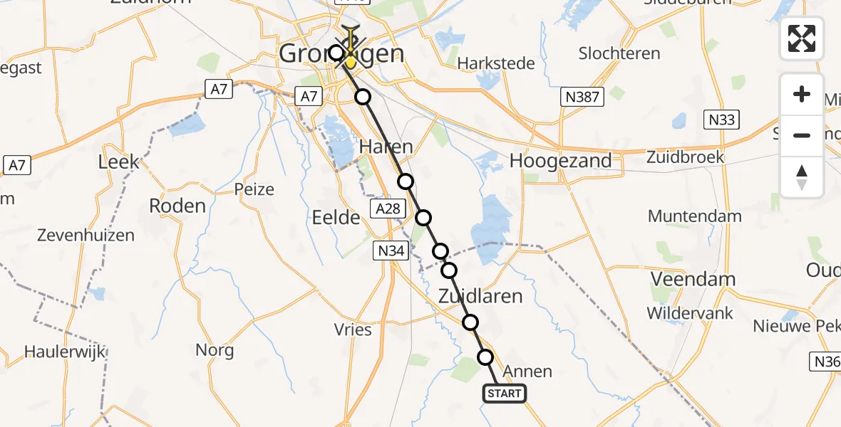 Routekaart van de vlucht: Lifeliner 4 naar Universitair Medisch Centrum Groningen, Bosweg