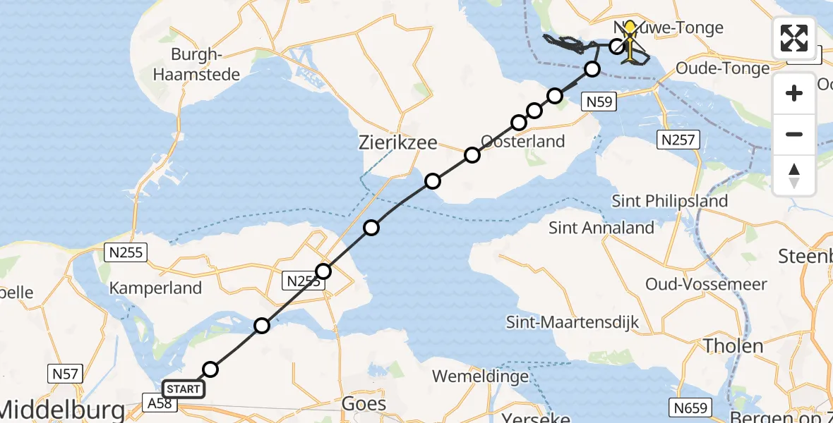 Routekaart van de vlucht: Kustwachthelikopter naar Nieuwe-Tonge, Pietweg